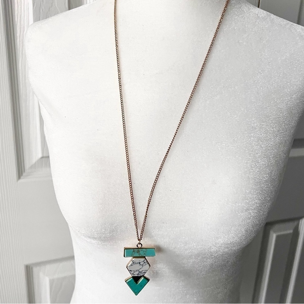 Boho long geometric turquoise tone marbled pendant necklace on gold tone chain